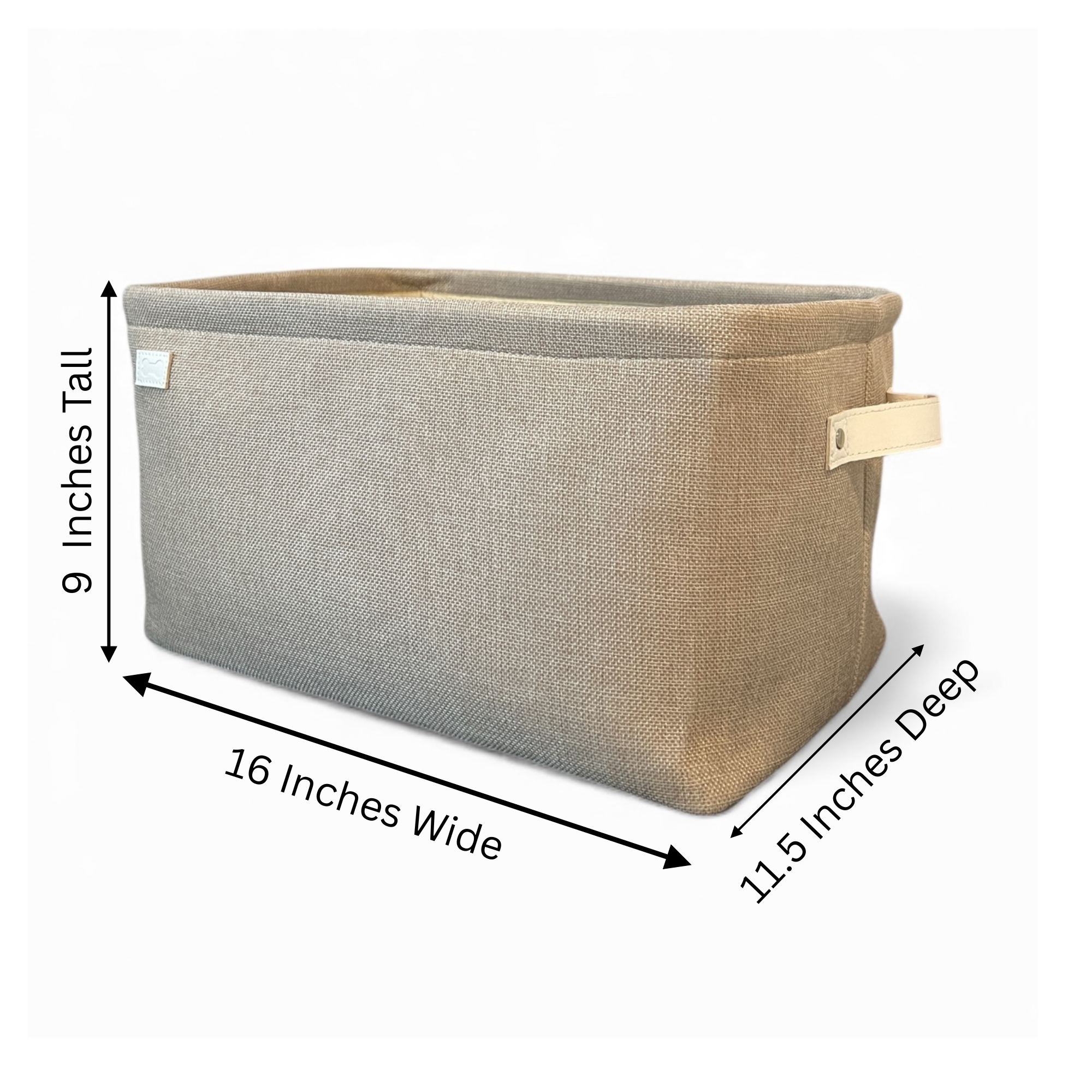 Dimensions of TidyYuli dog toy storage basket sixteen inches wide eleven and a half inches deep nine inches high