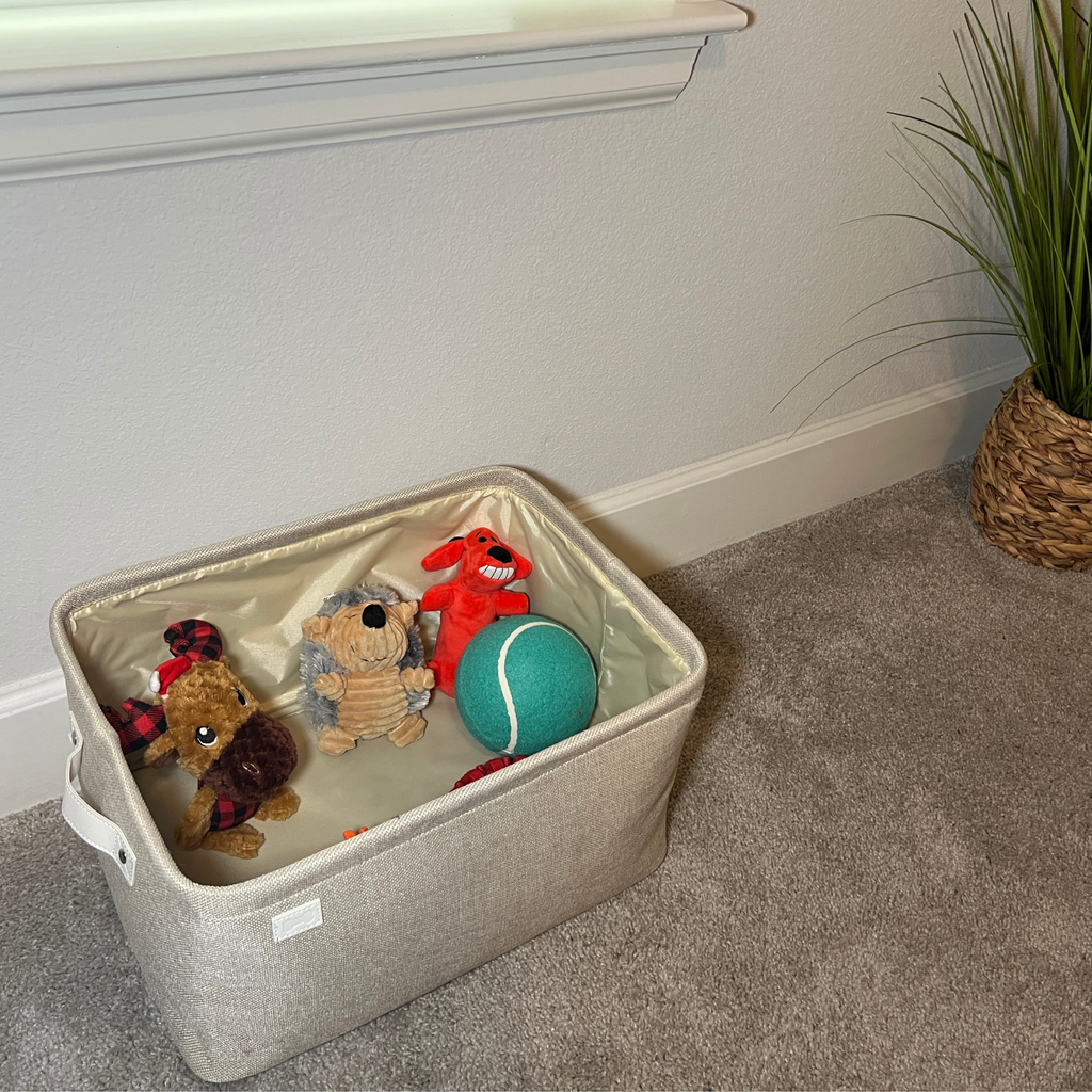 Storage bin with toys on a carpeted floor next to a plant.